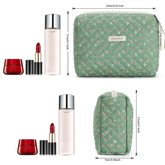 Women Kawaii Floral Cosmetic Large Travel Toiletry Cosmetic Pouch Creamy Green - Picture 2 of 8